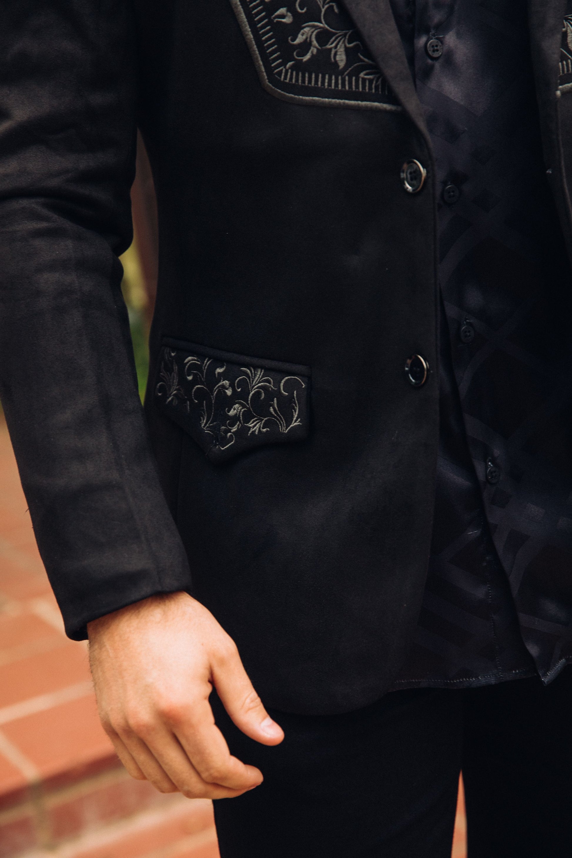 black embroidered suede blazer men platini detail