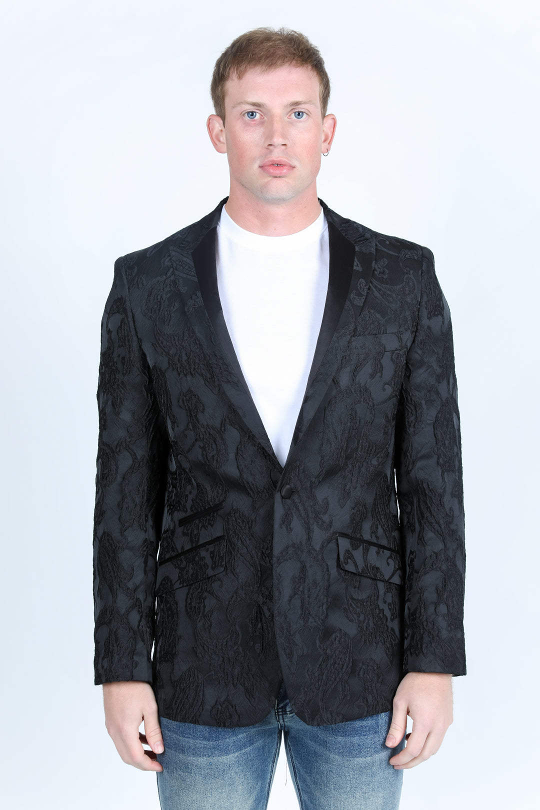 black modern fit evening blazer men platini front