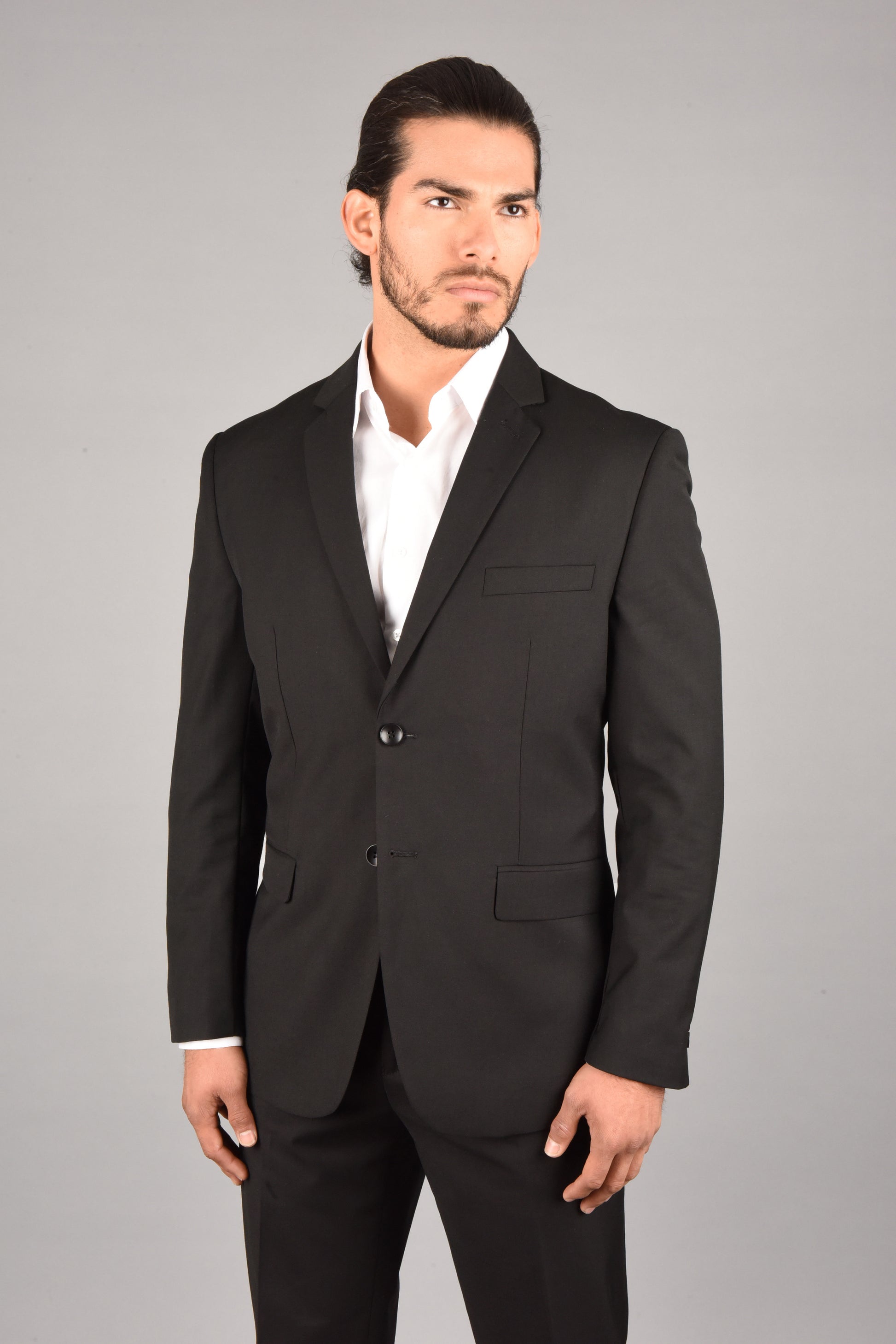 black slim fit dress suit men platini front