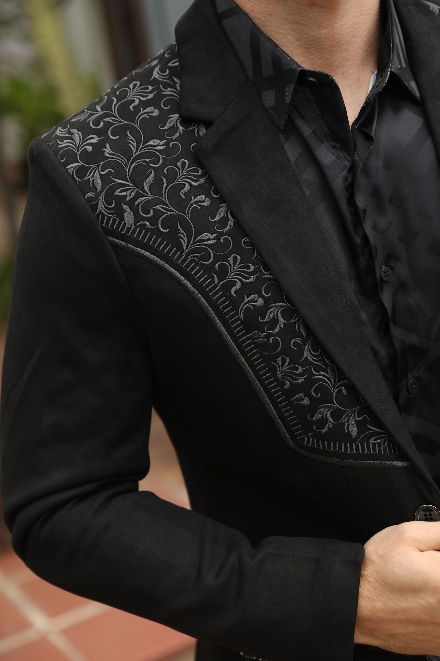 black embroidered suede blazer men platini lifestyle detail