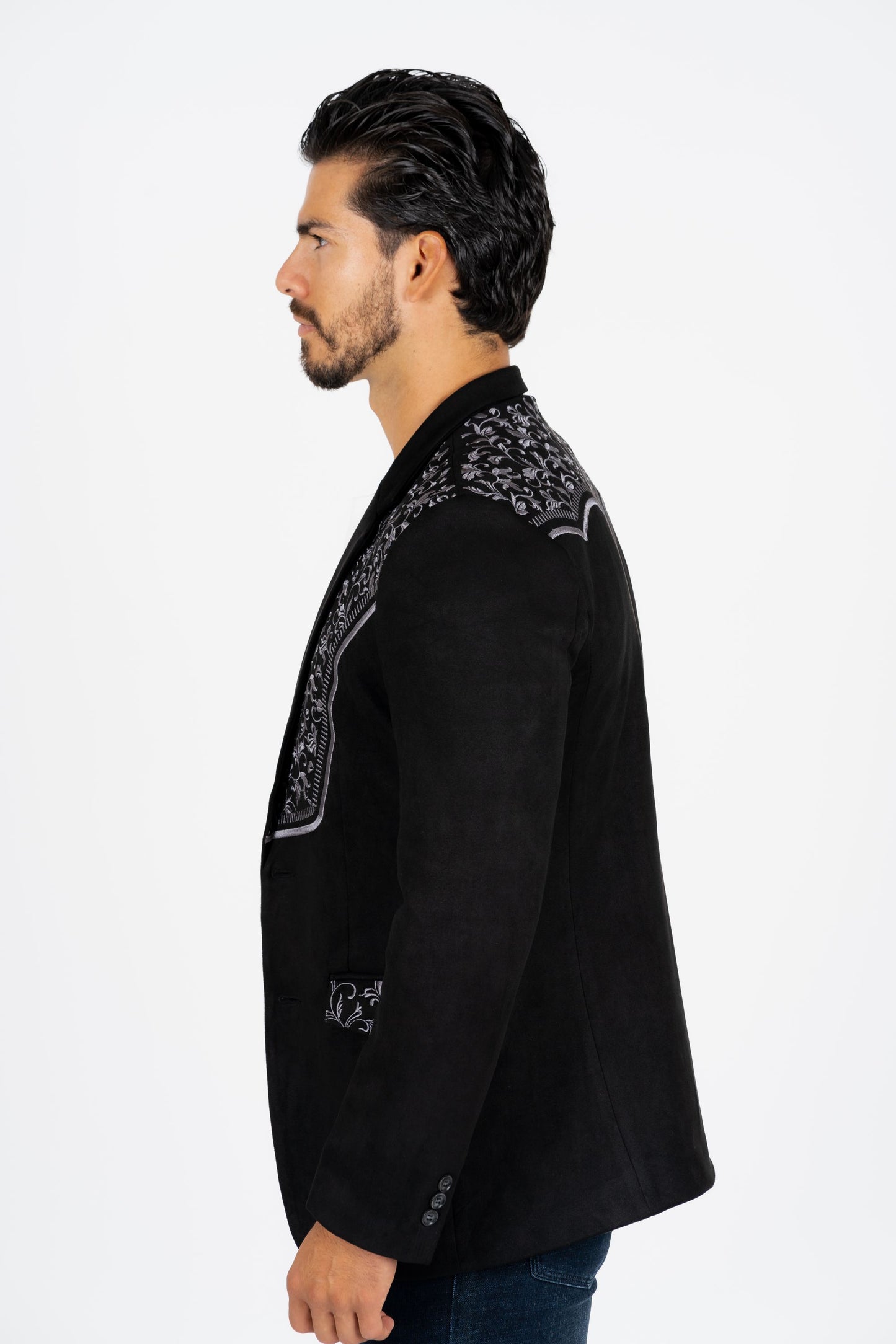 Men's Black Embroidered Faux-Suede Blazer