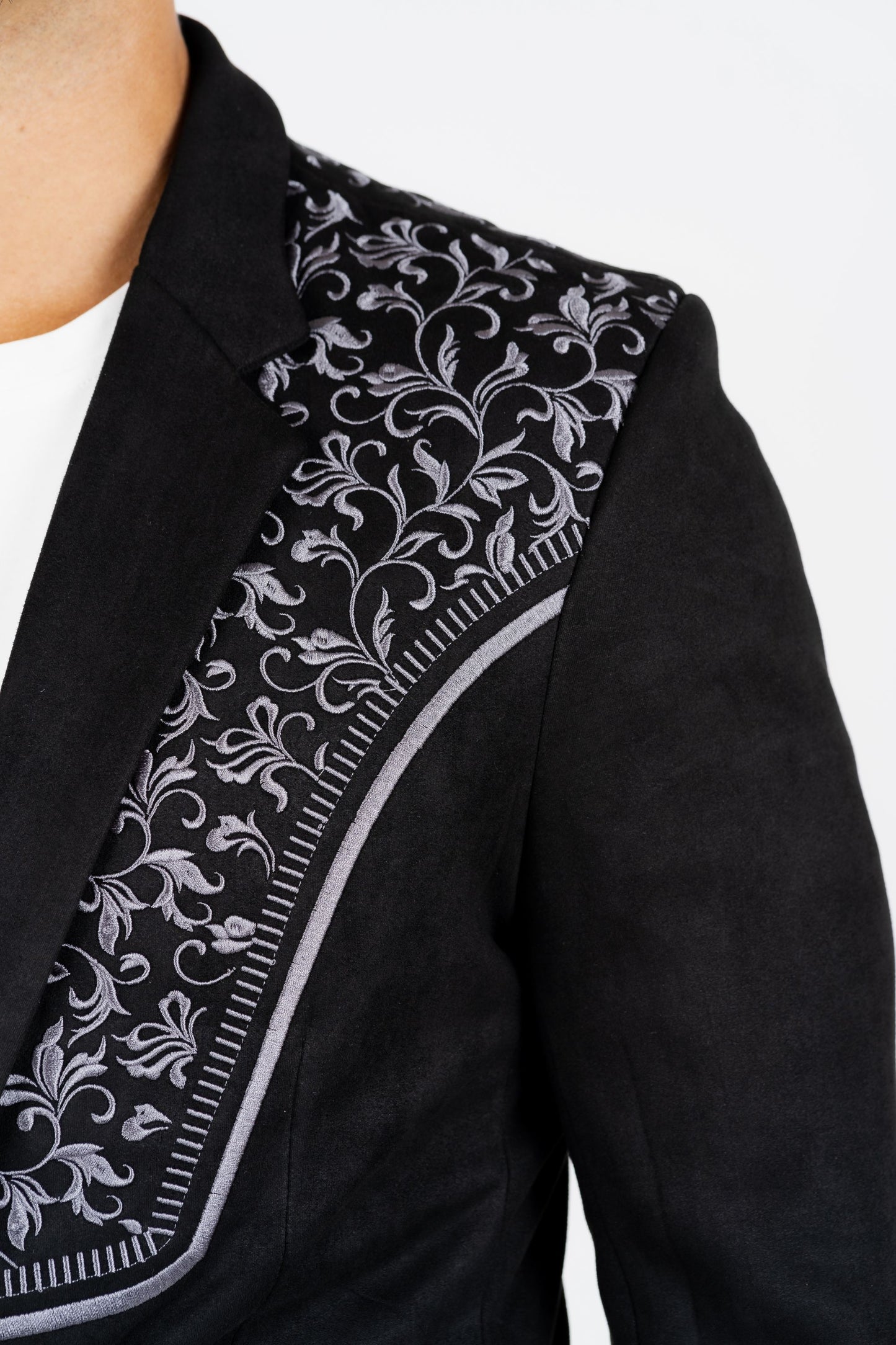 Men's Black Embroidered Faux-Suede Blazer