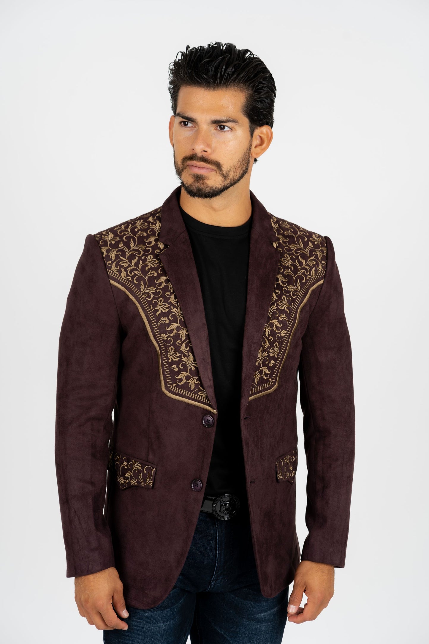 Men's Dark Brown Embroidered Faux-Suede Blazer