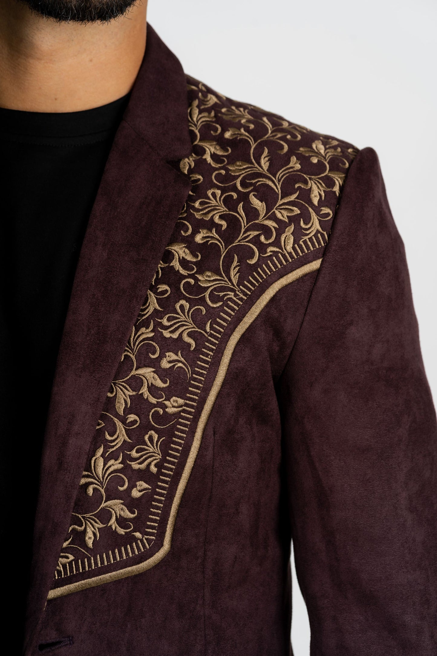 Men's Dark Brown Embroidered Faux-Suede Blazer