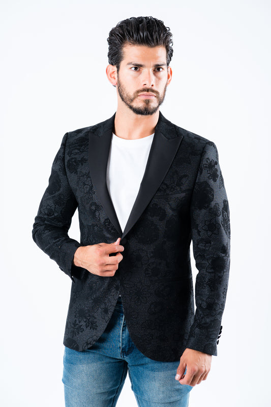 Men's Double Button Black Woven Printed Blazer