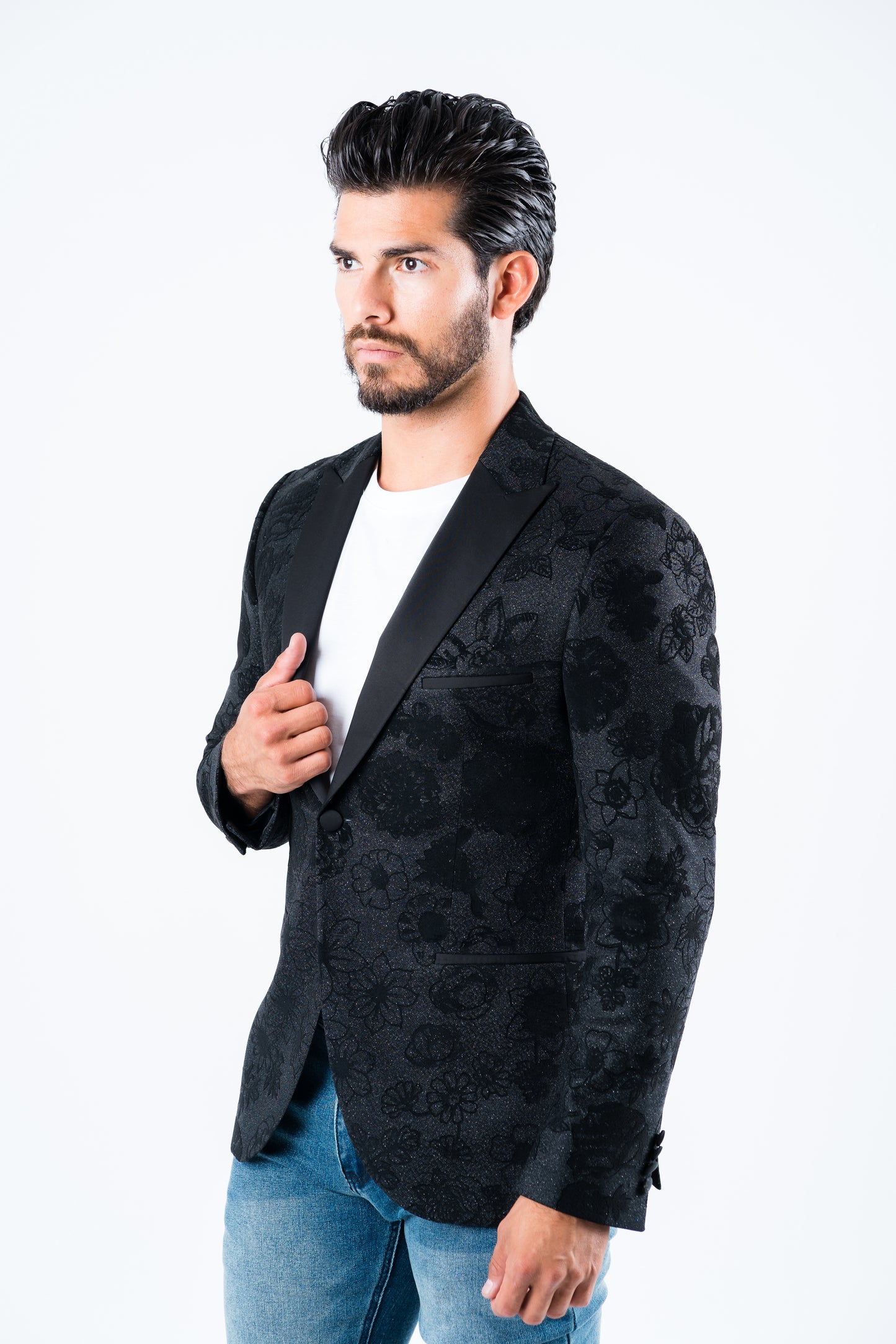 Men's Double Button Black Woven Printed Blazer