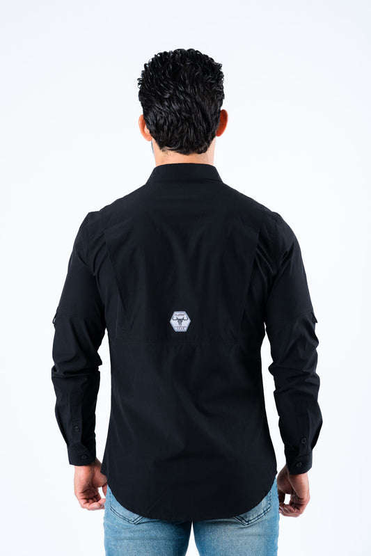 Black Double Pocket Performance Fishing Long Sleeve Shirt Men