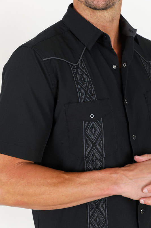 black modern guayabera shirt men platini close-up