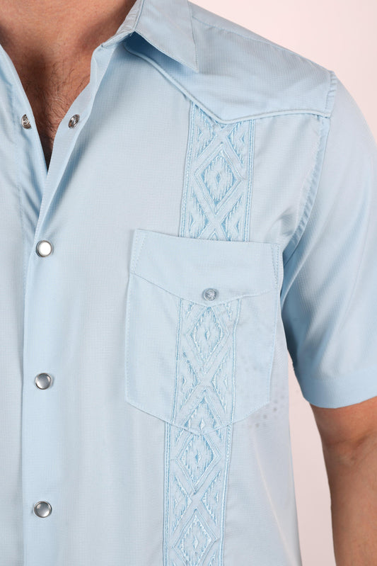 light blue modern guayabera shirt men platini close-up