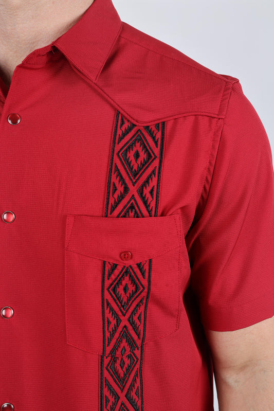 red modern guayabera shirt men platini close-up
