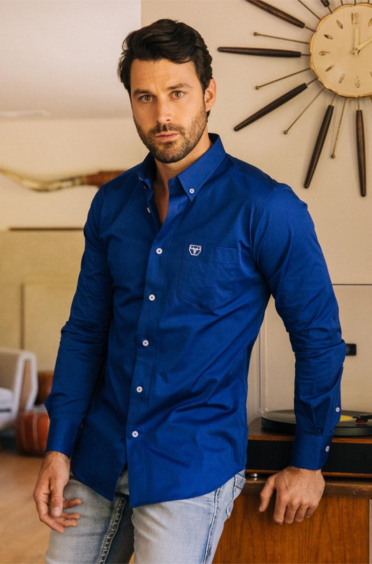 Men’s Single Pocket Logo Modern Fit Stretch Dress Shirt - Royal Blue