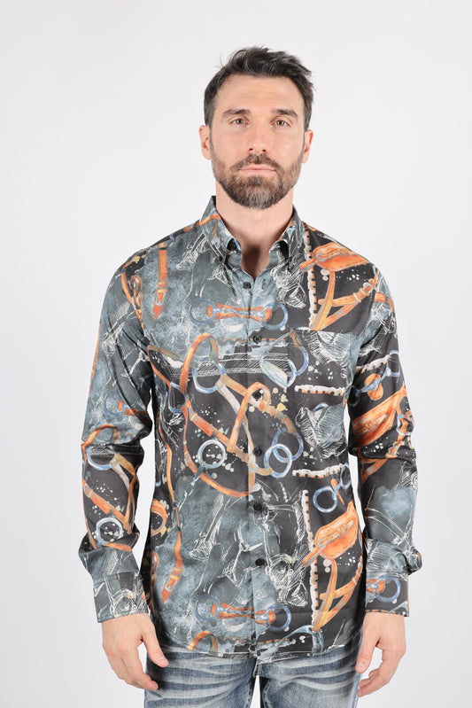 Mens Long Sleeve Modern Fit Stretch Wild Horses Print Shirt