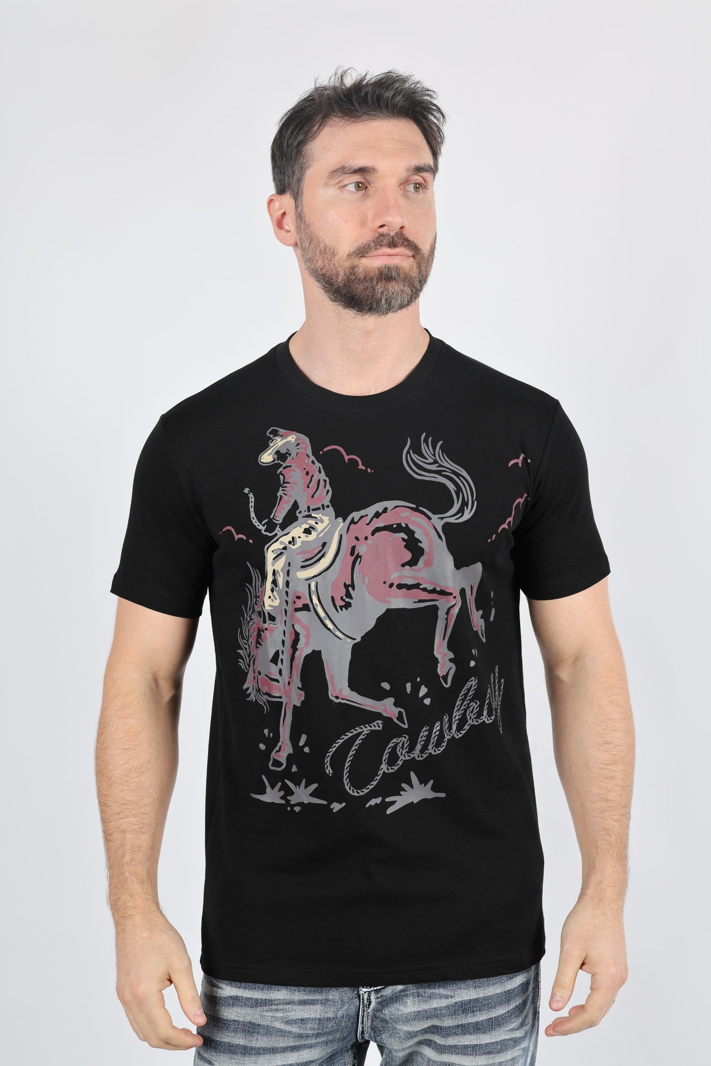 Mens Modern Fit Cotton Stretch Horse-Rider Print T-Shirt