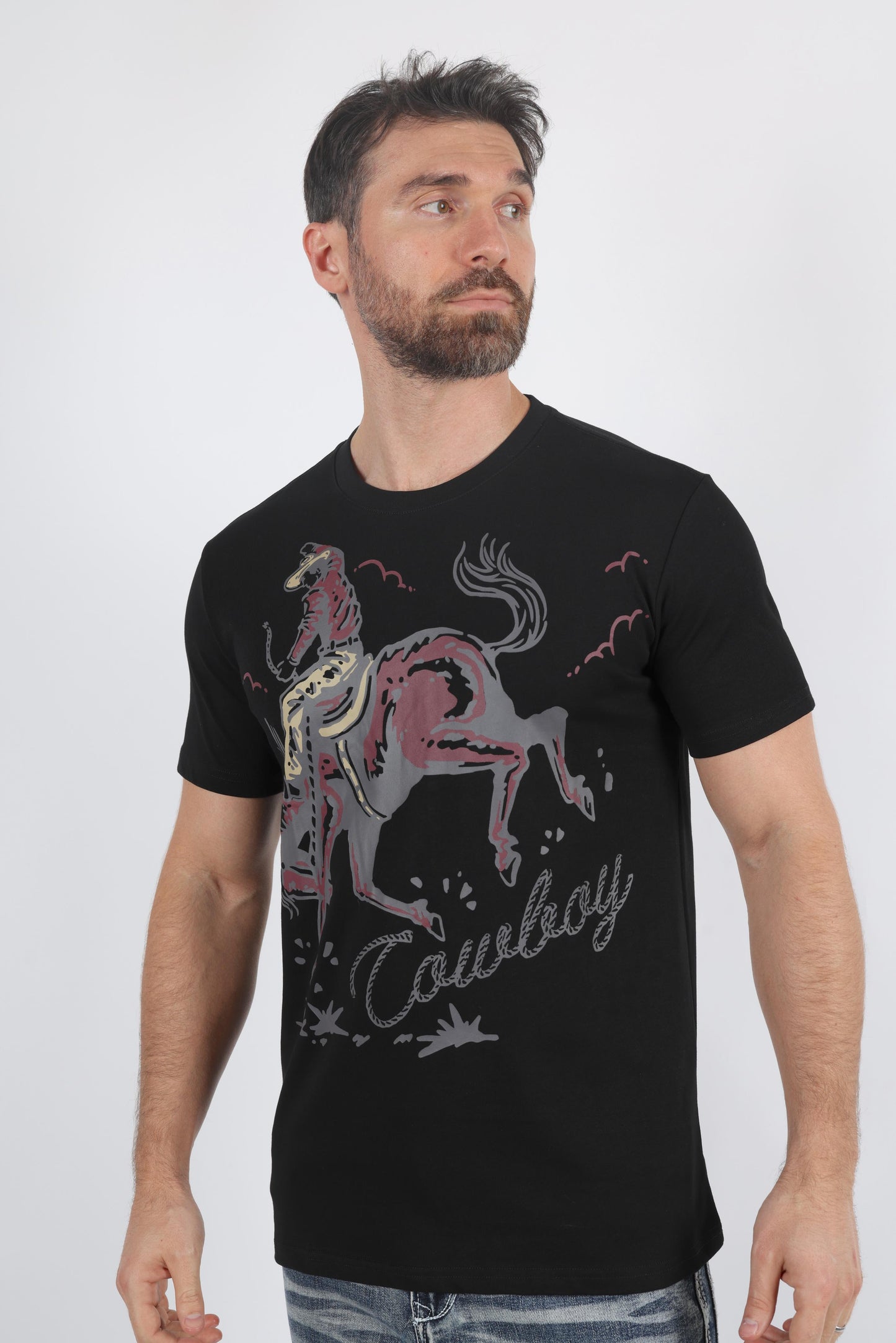 Mens Modern Fit Cotton Stretch Horse-Rider Print T-Shirt