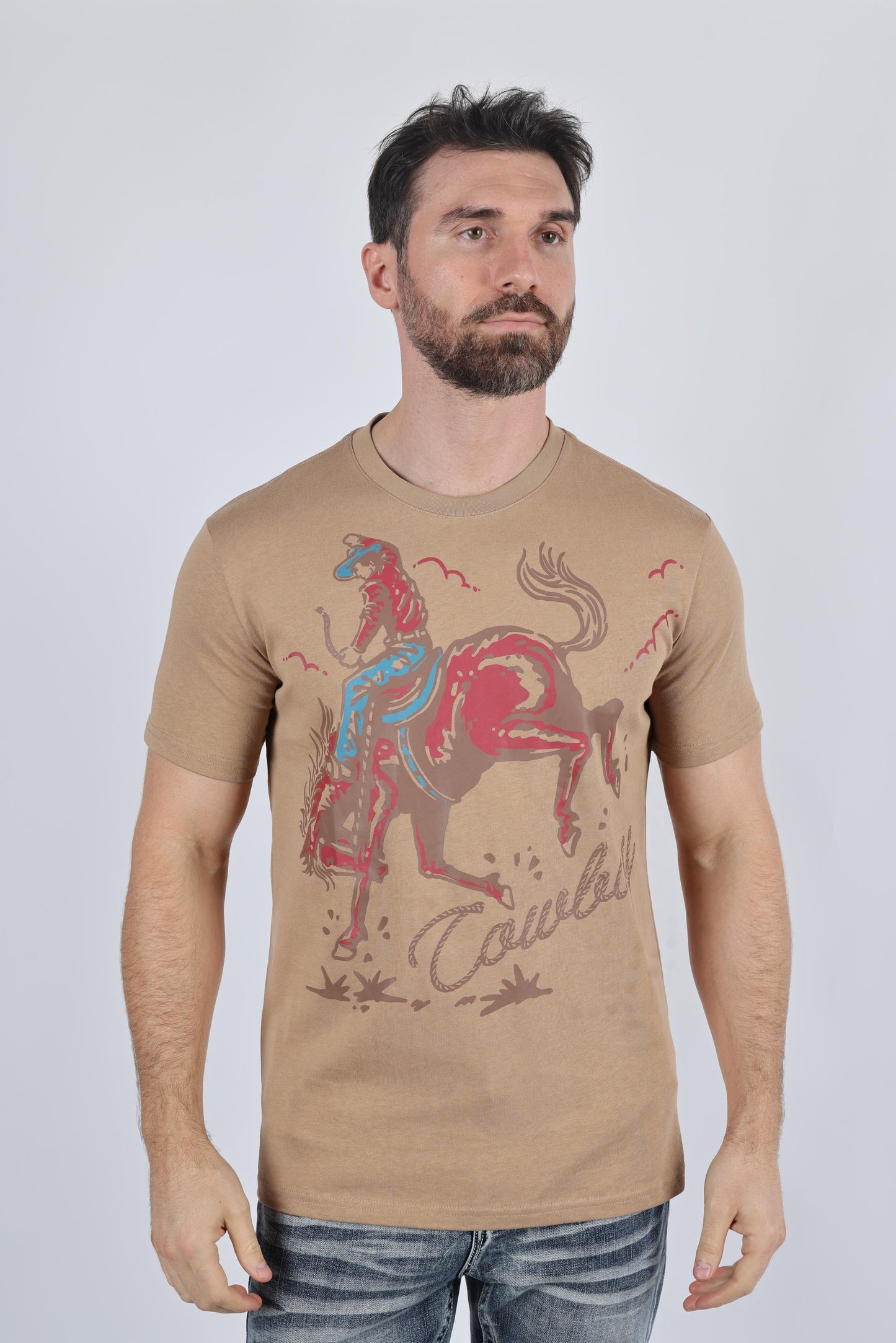 Mens Modern Fit Cotton Stretch Horse-Rider Print T-Shirt