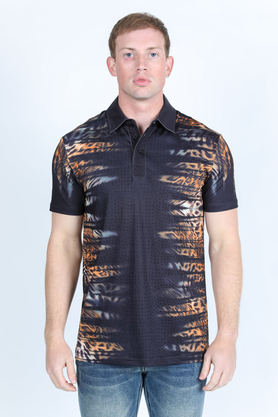 Mens Modern Fit Stretch Baroque Print Polo with Rhinestones