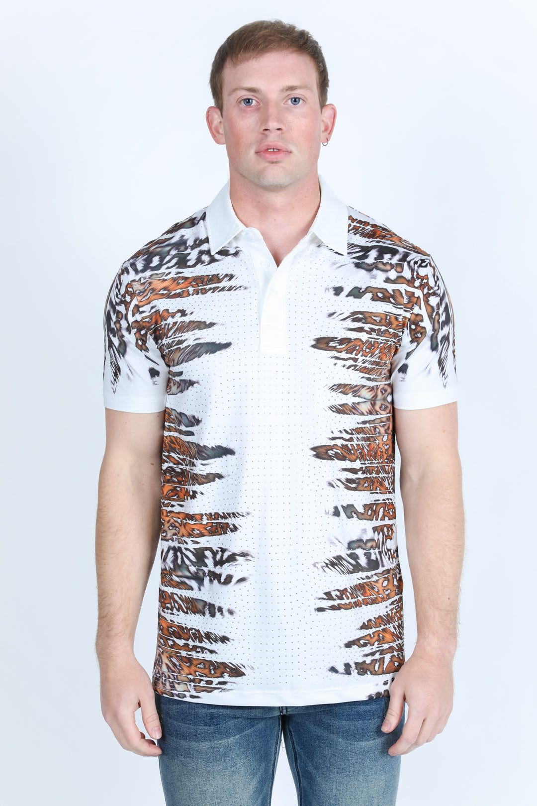 Mens Modern Fit Stretch Baroque Print Polo with Rhinestones