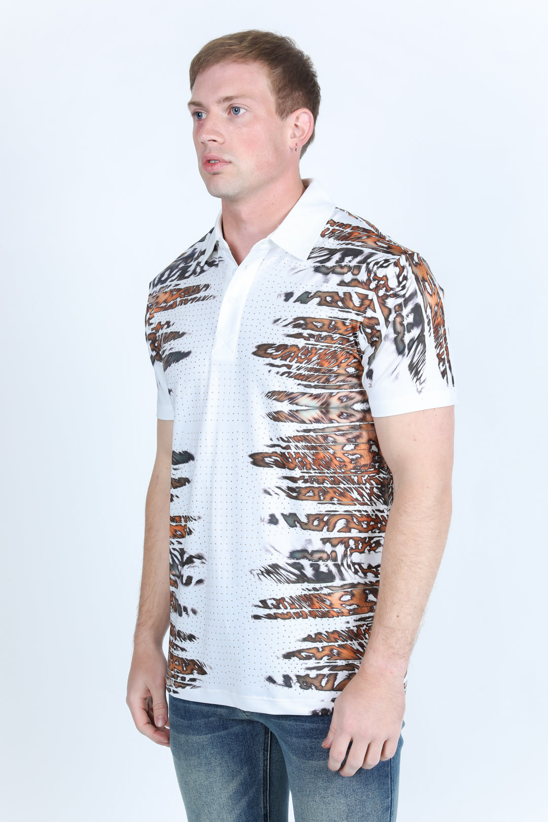 Mens Modern Fit Stretch Baroque Print Polo with Rhinestones