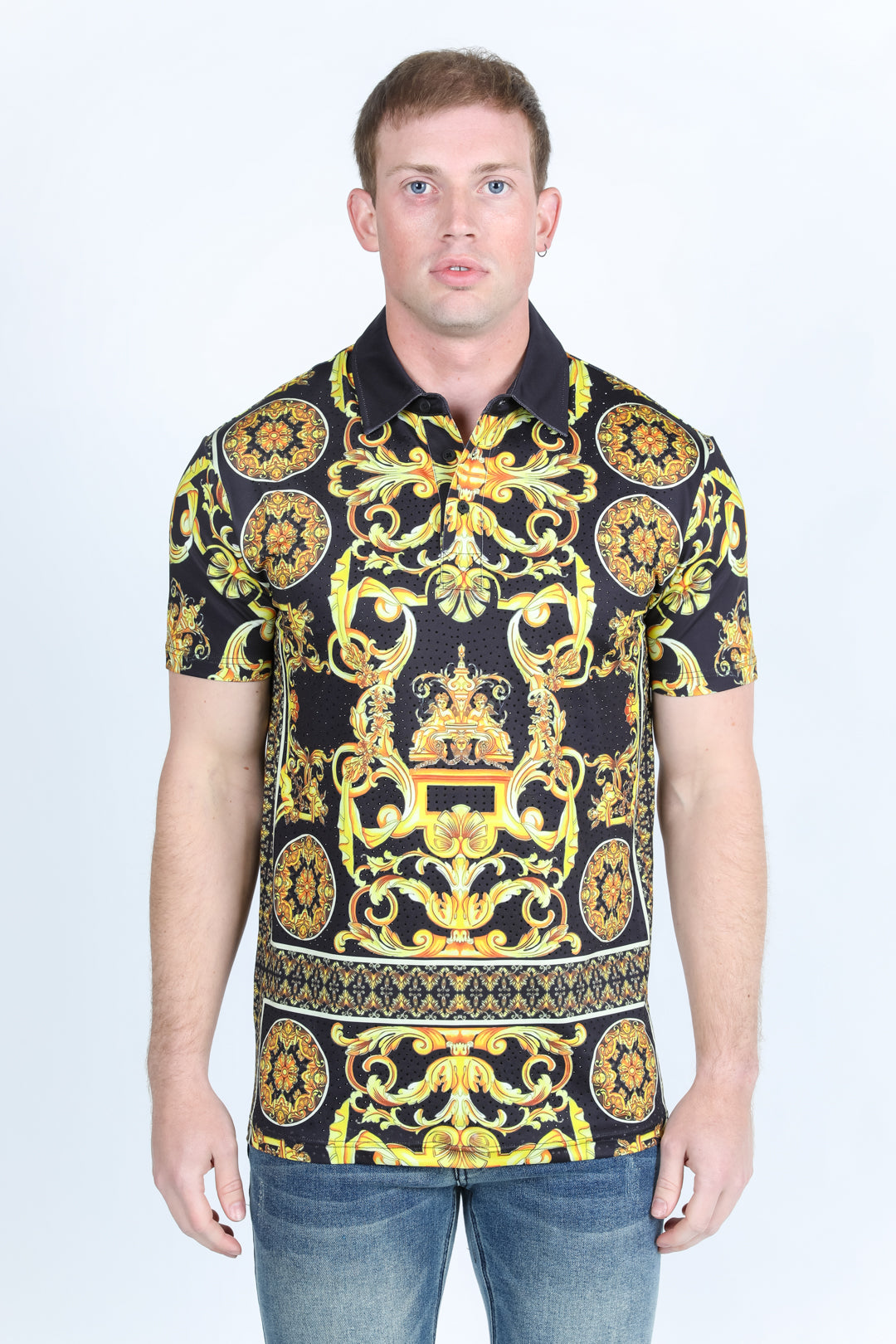 Mens Modern Fit Stretch Baroque Print Polo with Rhinestones