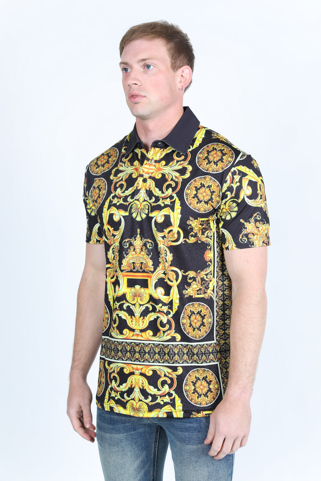 Mens Modern Fit Stretch Baroque Print Polo with Rhinestones