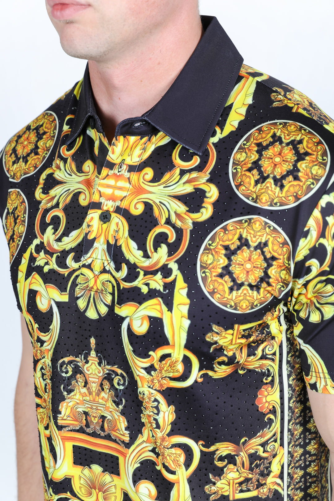 Mens Modern Fit Stretch Baroque Print Polo with Rhinestones