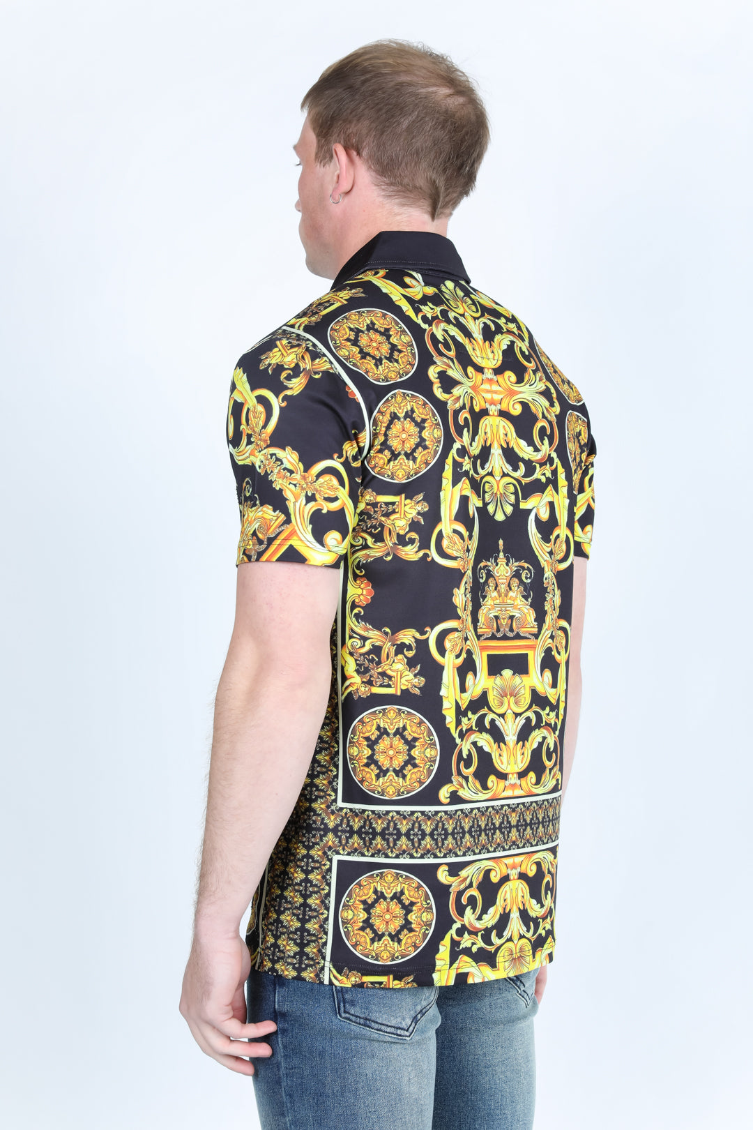 Mens Modern Fit Stretch Baroque Print Polo with Rhinestones