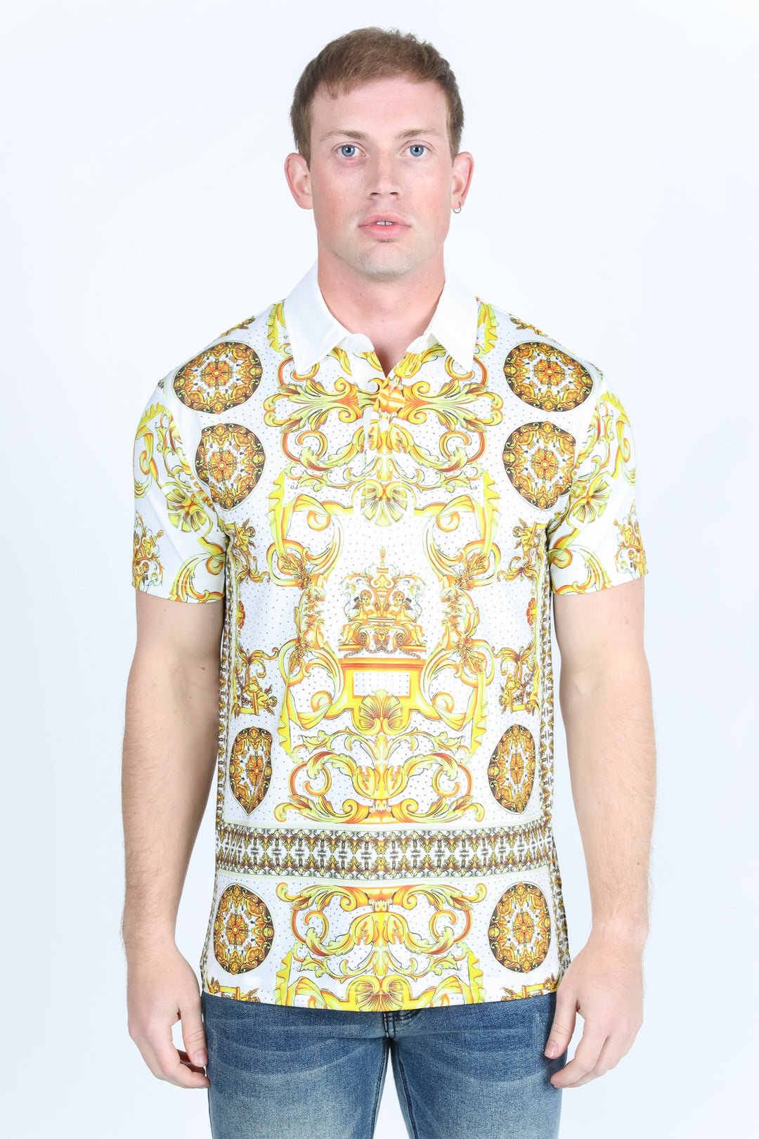 Mens Modern Fit Stretch Baroque Print Polo with Rhinestones