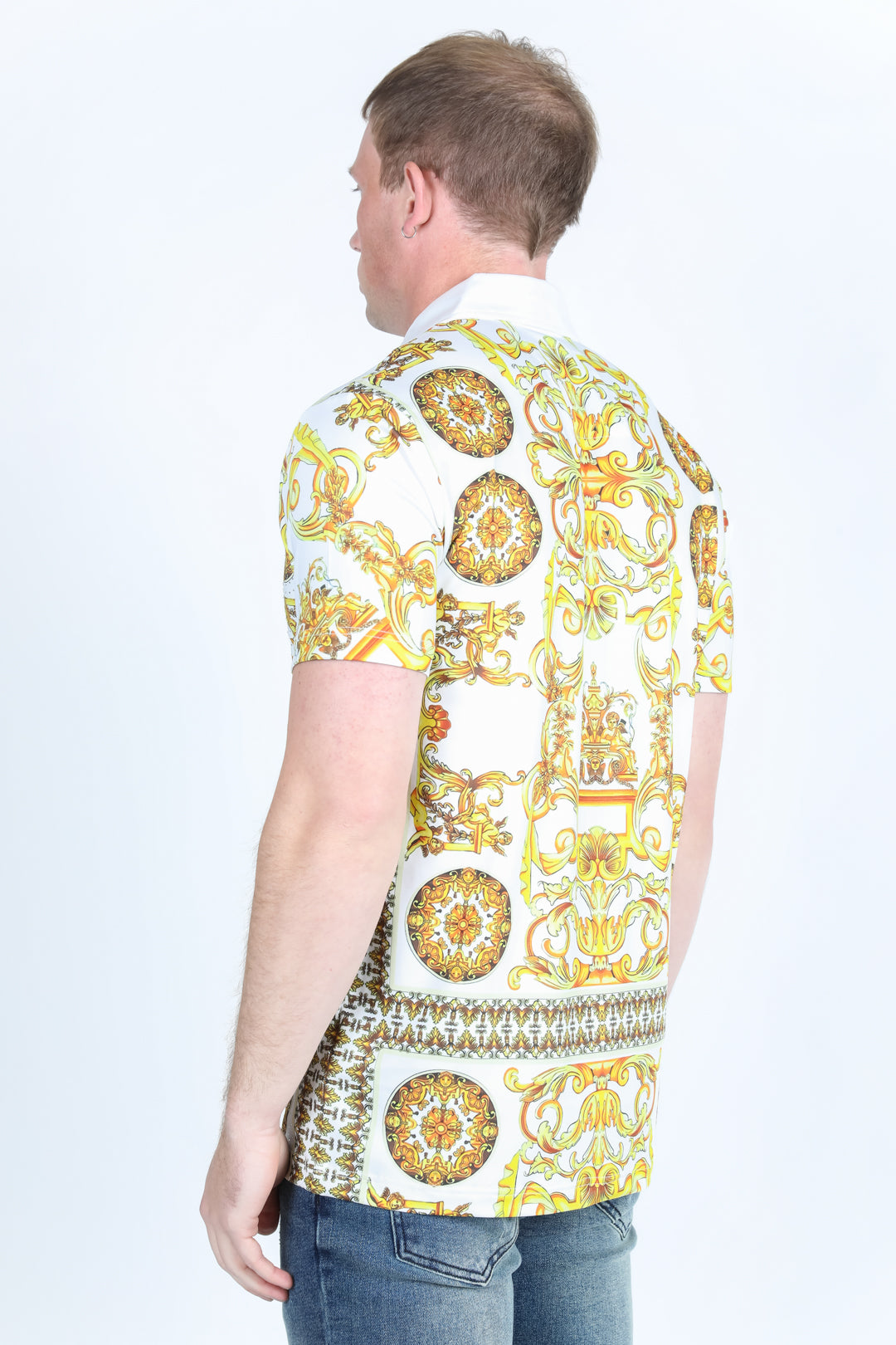 Mens Modern Fit Stretch Baroque Print Polo with Rhinestones