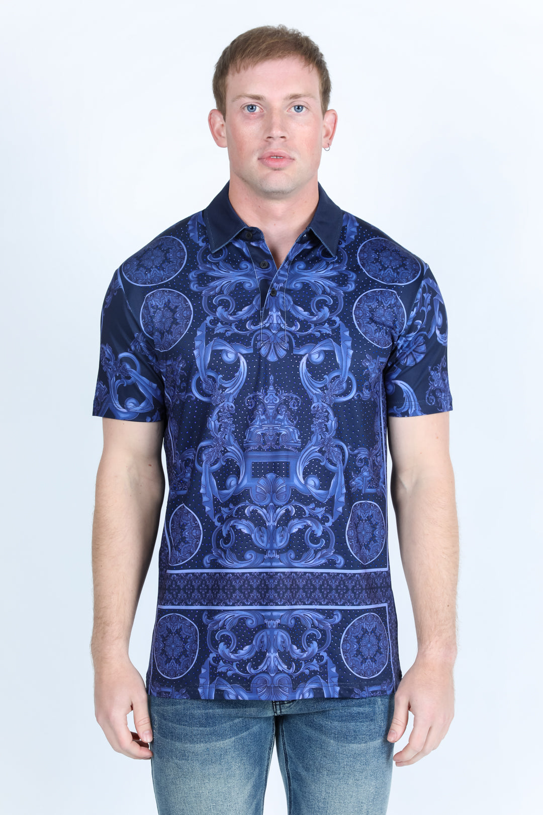 Mens Modern Fit Stretch Baroque Print Polo with Rhinestones