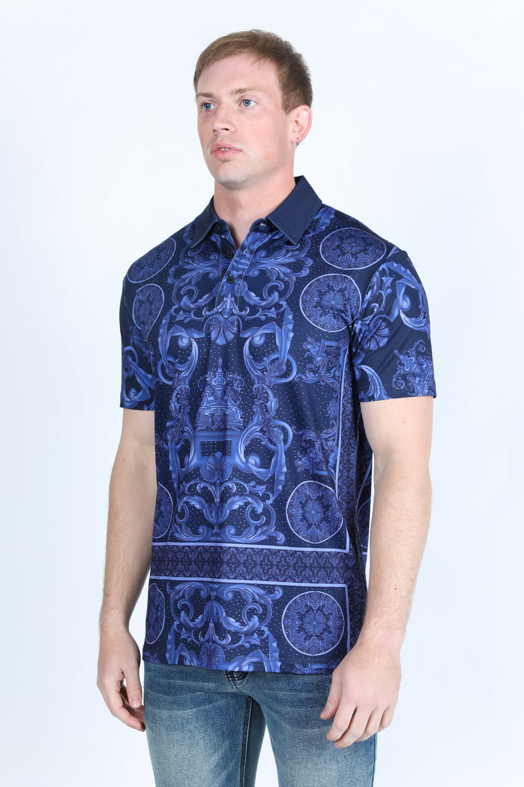 Mens Modern Fit Stretch Baroque Print Polo with Rhinestones