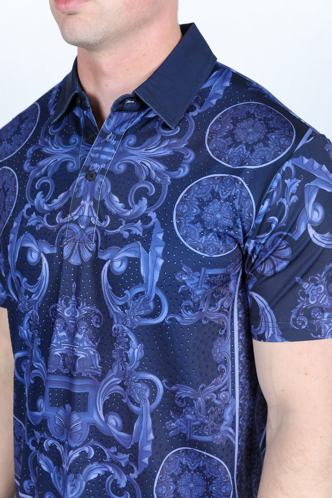 Mens Modern Fit Stretch Baroque Print Polo with Rhinestones