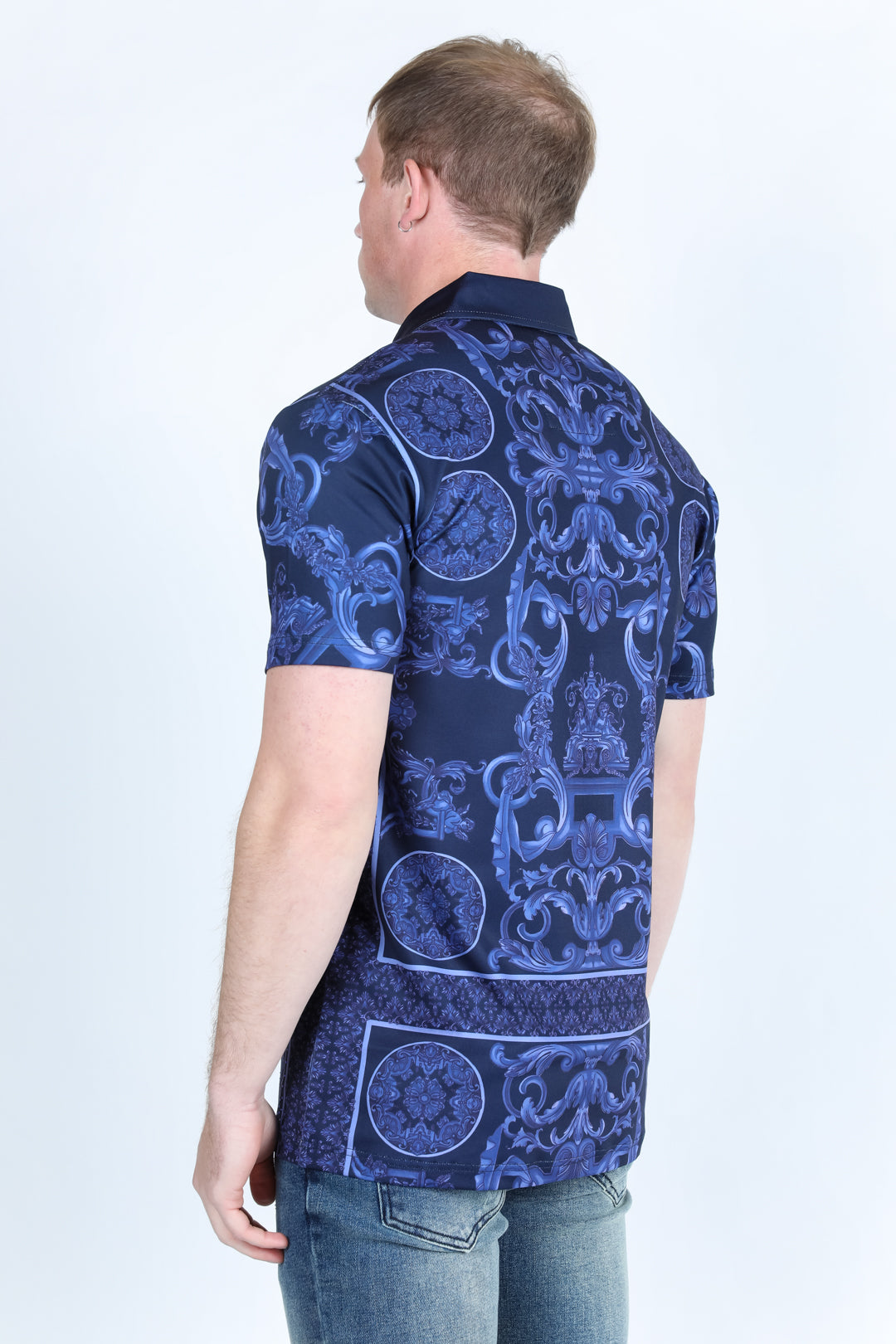 Mens Modern Fit Stretch Baroque Print Polo with Rhinestones