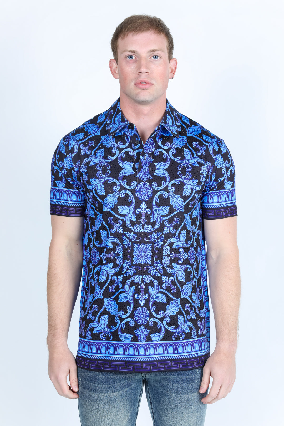 Mens Modern Fit Stretch Baroque Print Polo with Rhinestones