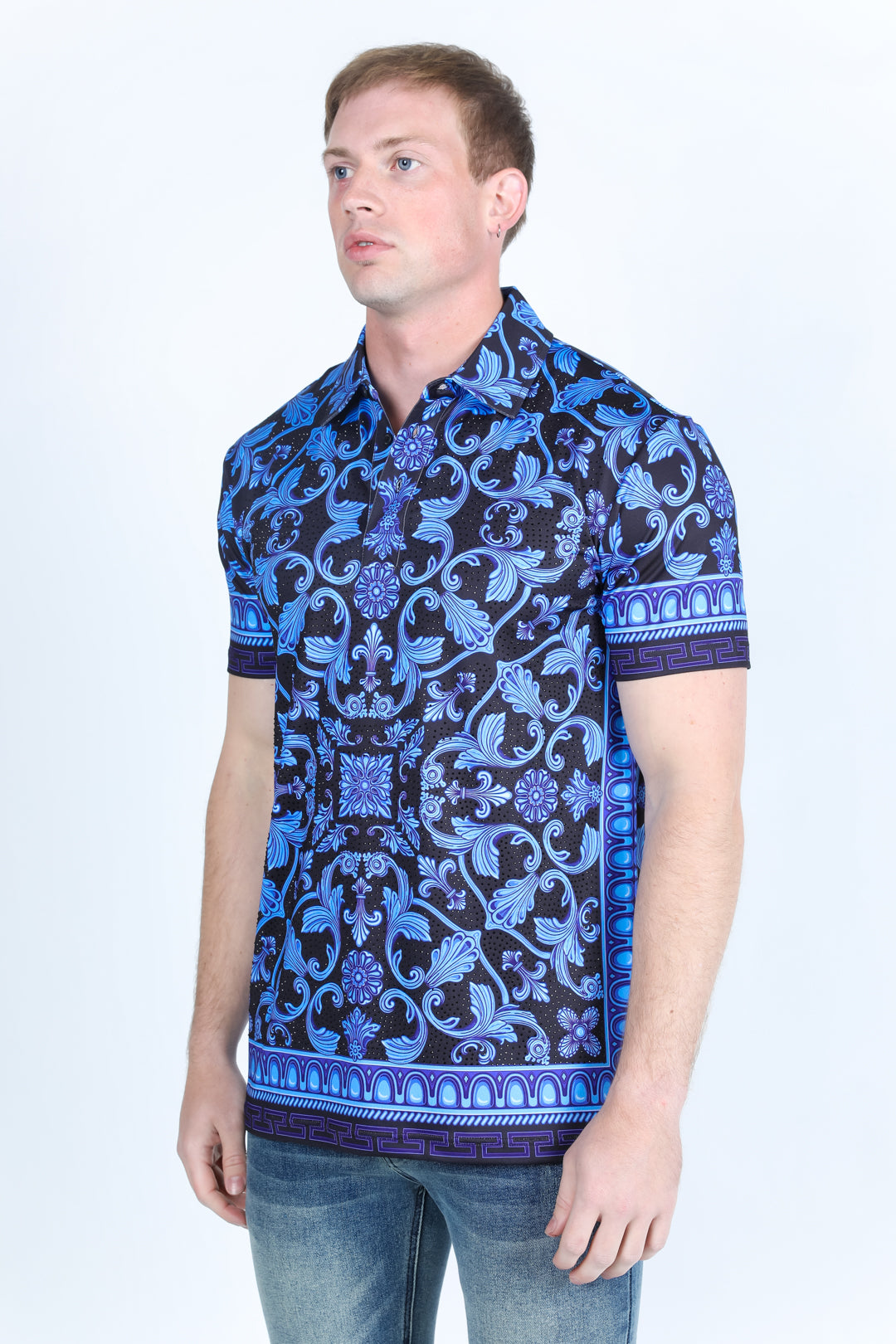 Mens Modern Fit Stretch Baroque Print Polo with Rhinestones