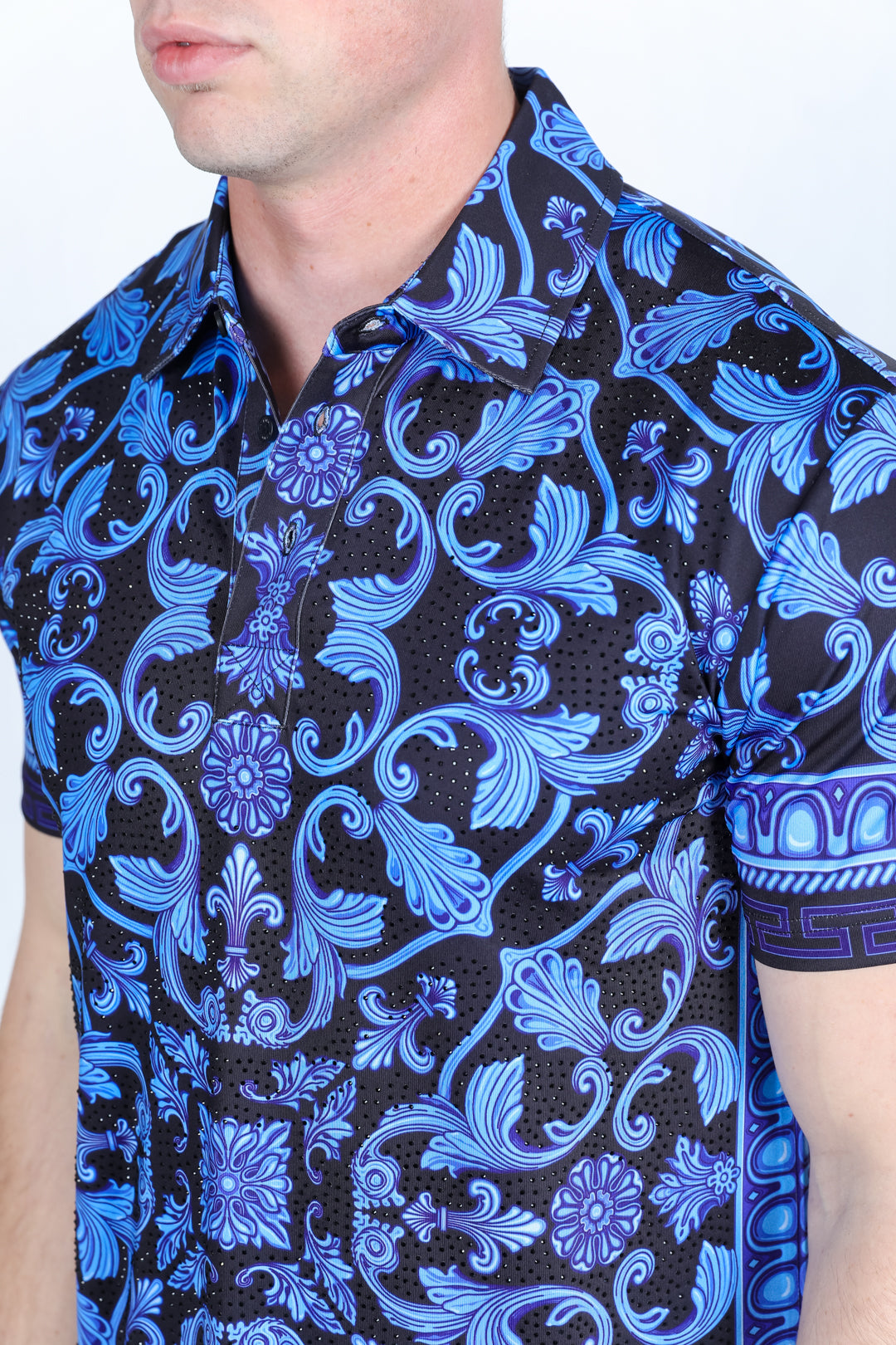 Mens Modern Fit Stretch Baroque Print Polo with Rhinestones