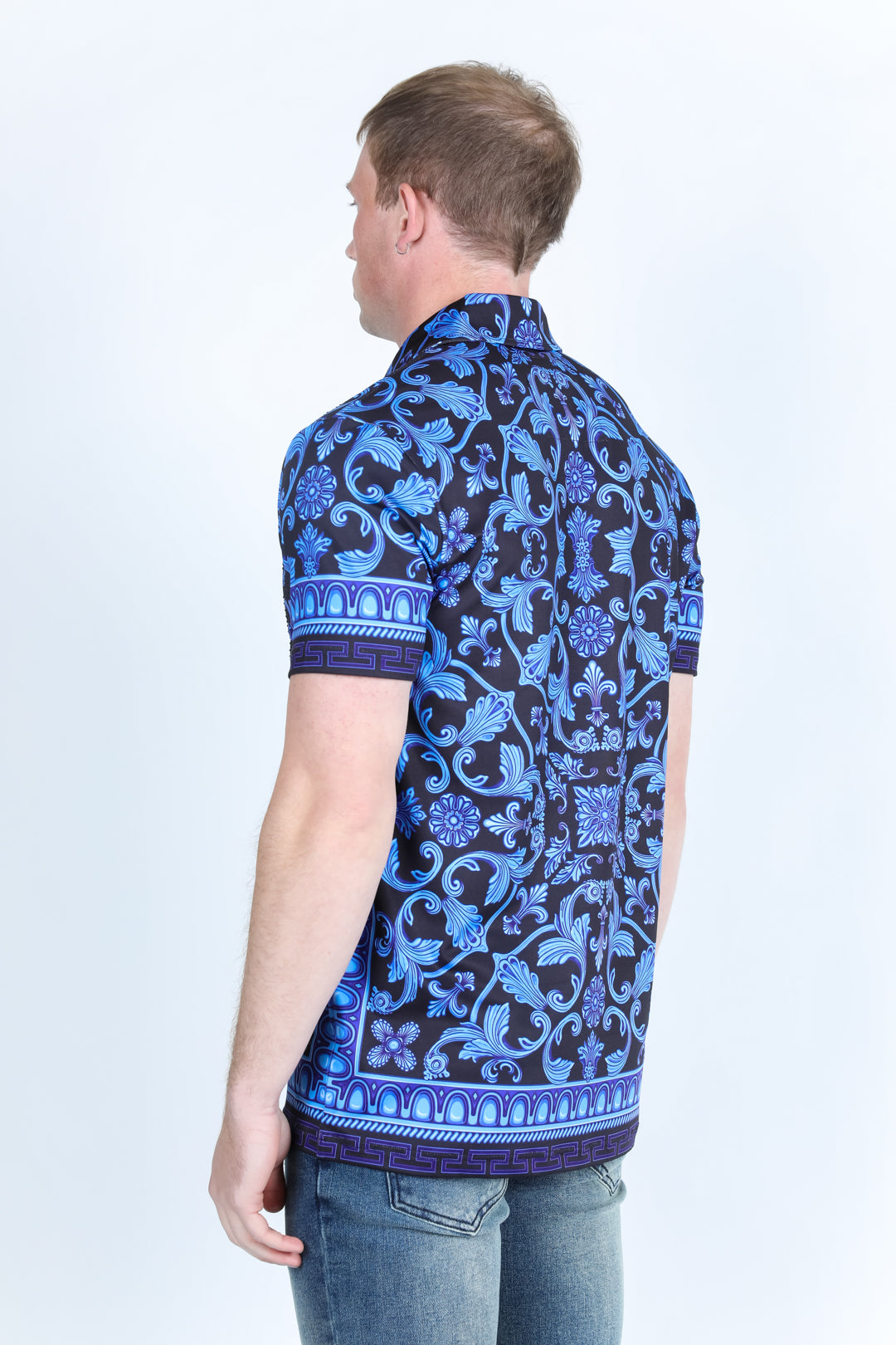 Mens Modern Fit Stretch Baroque Print Polo with Rhinestones