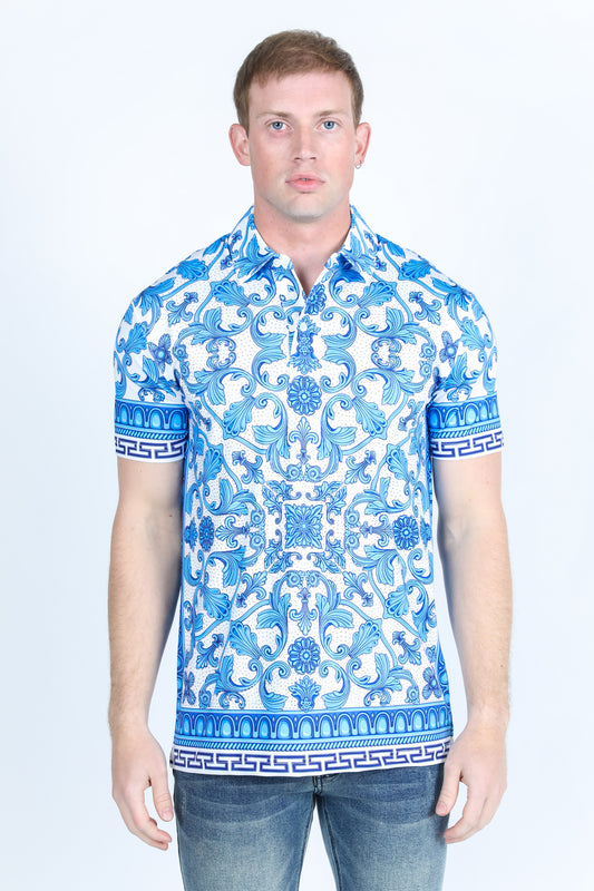 Mens Modern Fit Stretch Baroque Print Polo with Rhinestones