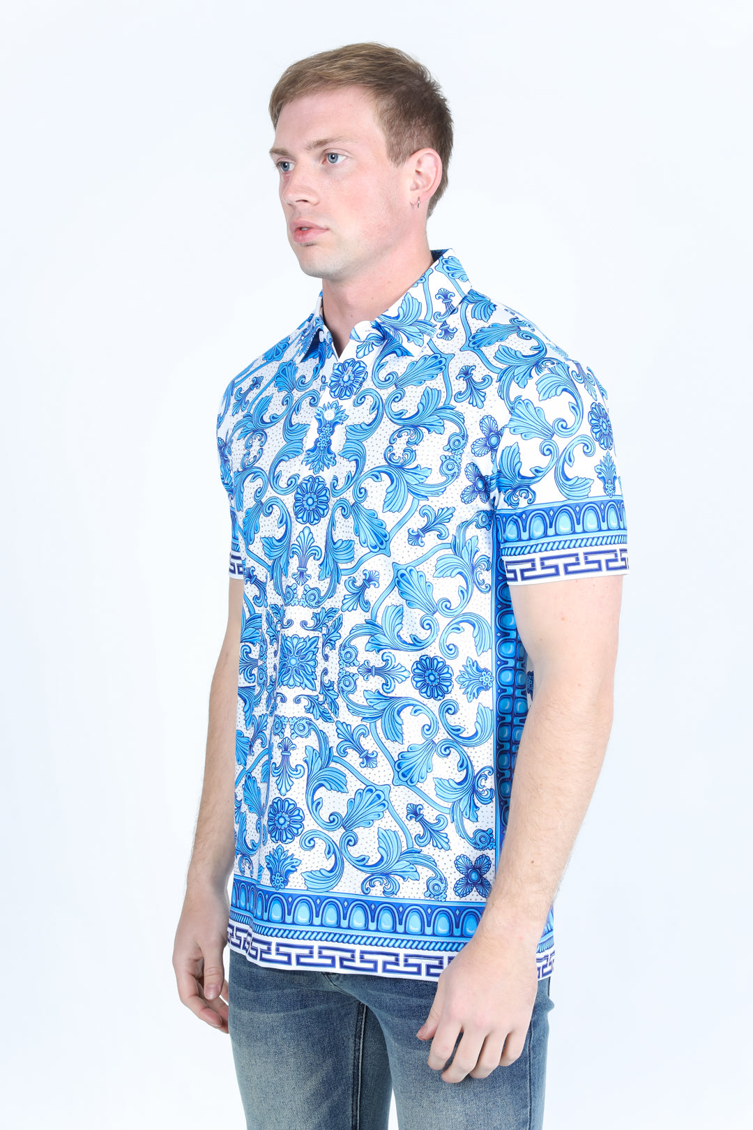 Mens Modern Fit Stretch Baroque Print Polo with Rhinestones