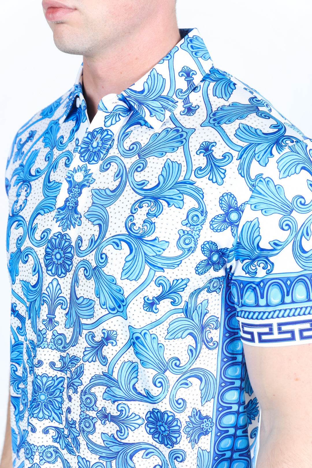 Mens Modern Fit Stretch Baroque Print Polo with Rhinestones