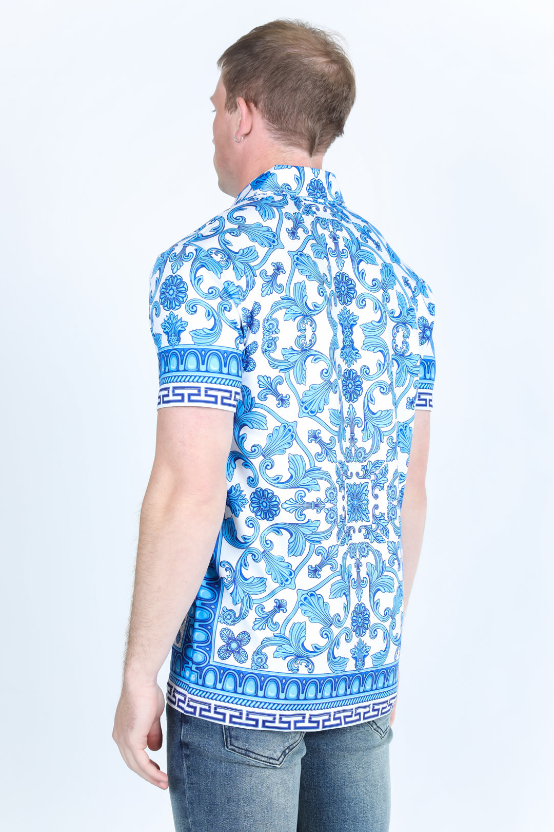 Mens Modern Fit Stretch Baroque Print Polo with Rhinestones