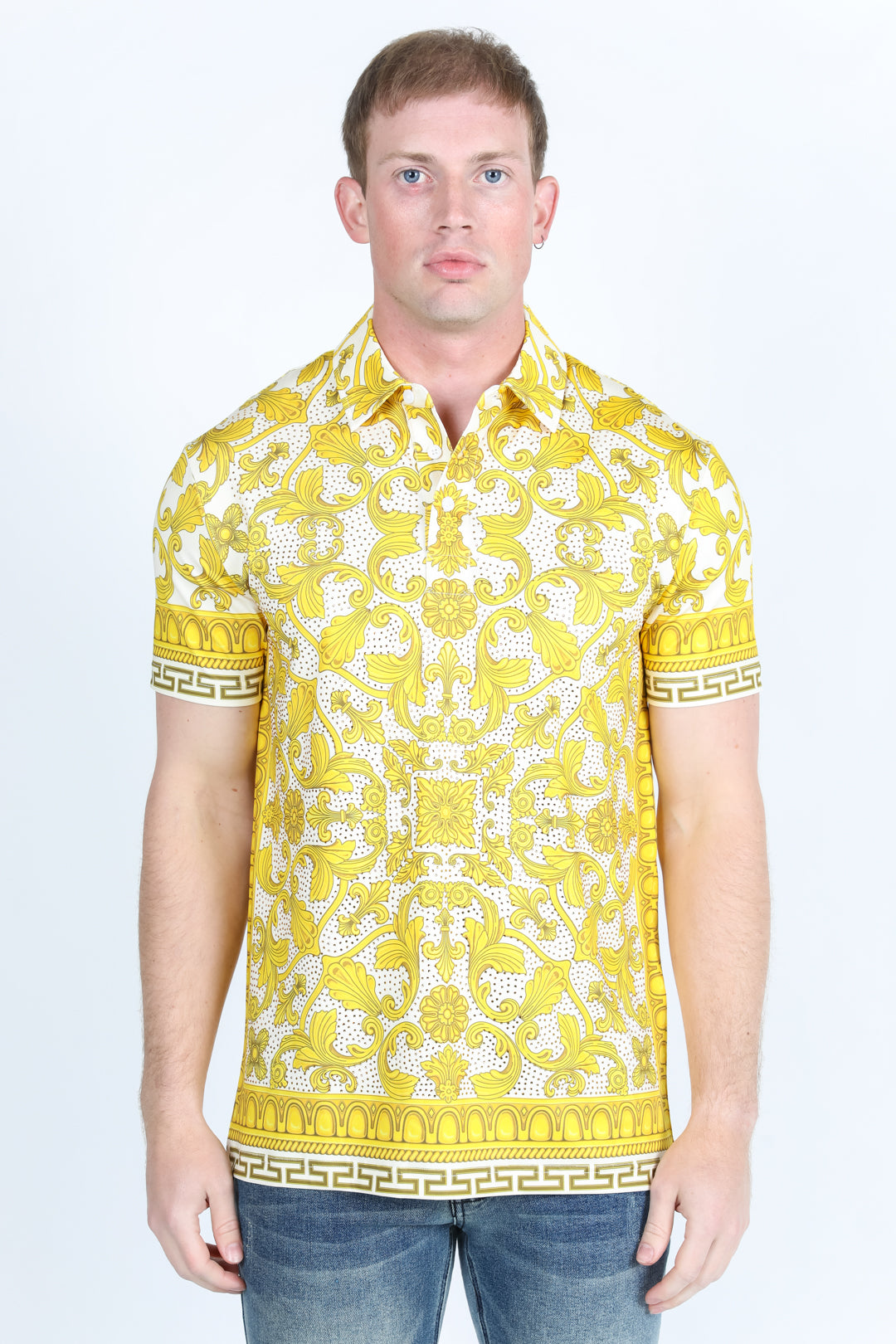 Mens Modern Fit Stretch Baroque Print Polo with Rhinestones