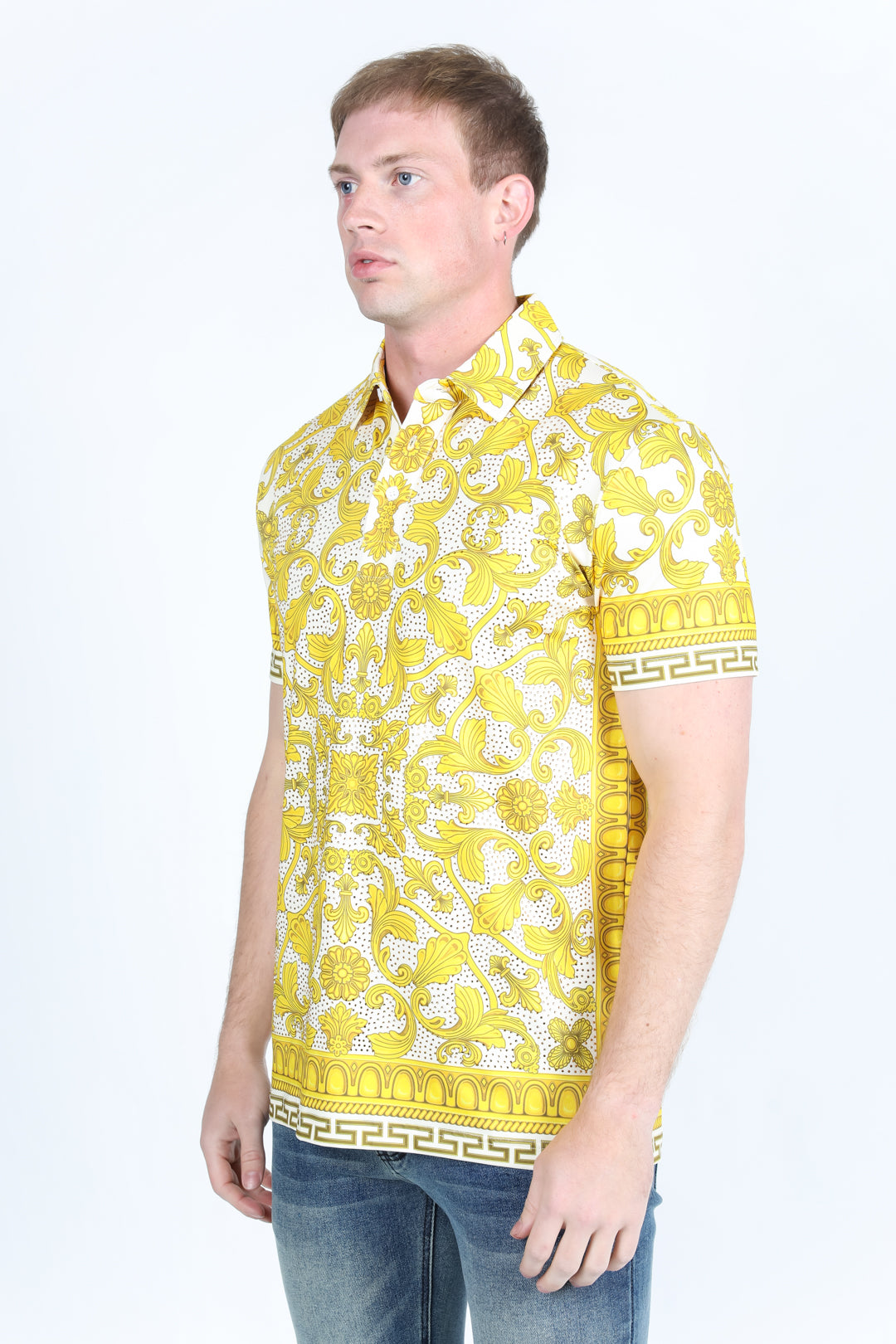 Mens Modern Fit Stretch Baroque Print Polo with Rhinestones