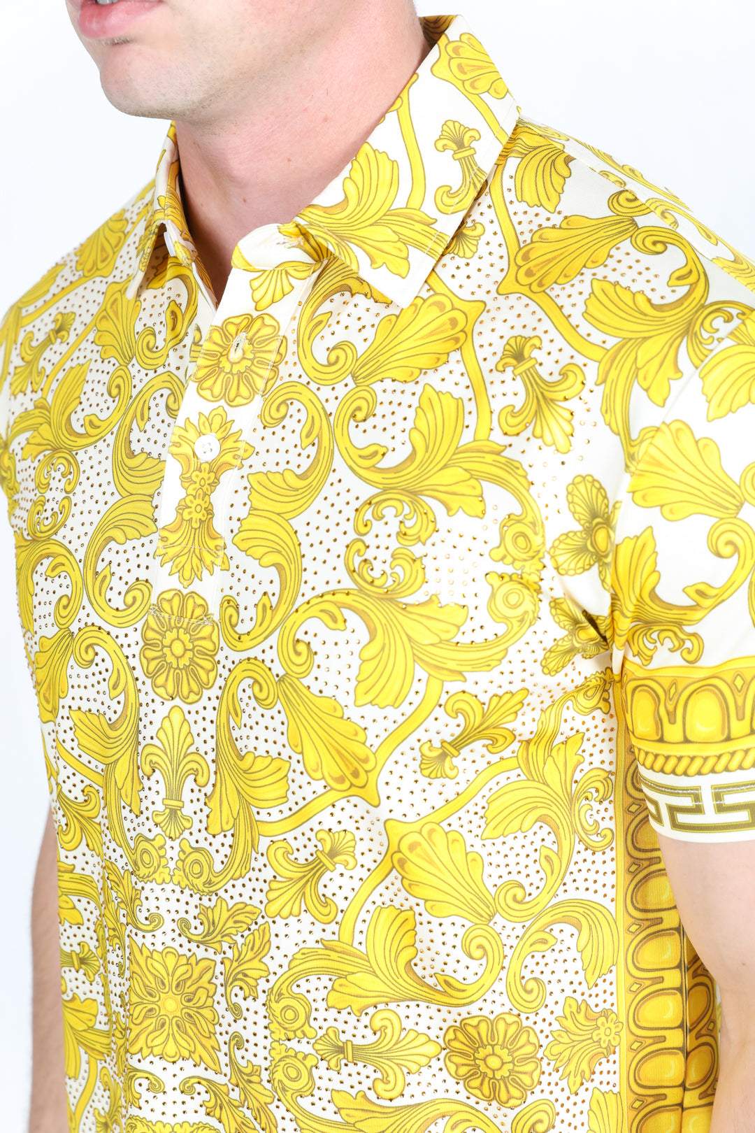 Mens Modern Fit Stretch Baroque Print Polo with Rhinestones