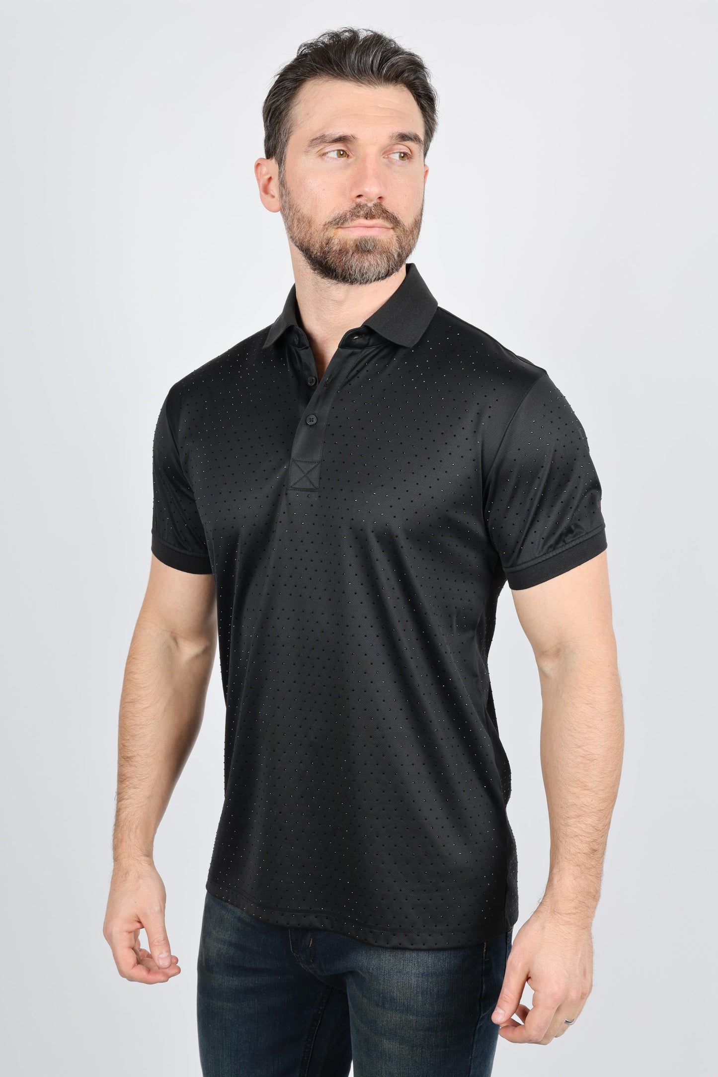 Mens Modern Fit Stretch Full Body Crystals Polo