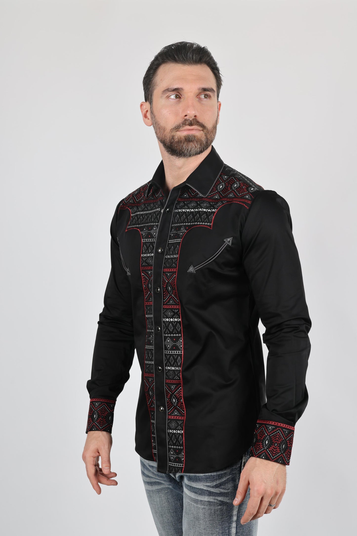 Mens Modern Fit Stretch Multi-Color Aztec Embroidery Shirt