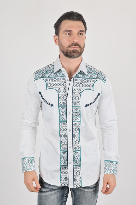 Mens Modern Fit Stretch Multi-Color Aztec Embroidery Shirt