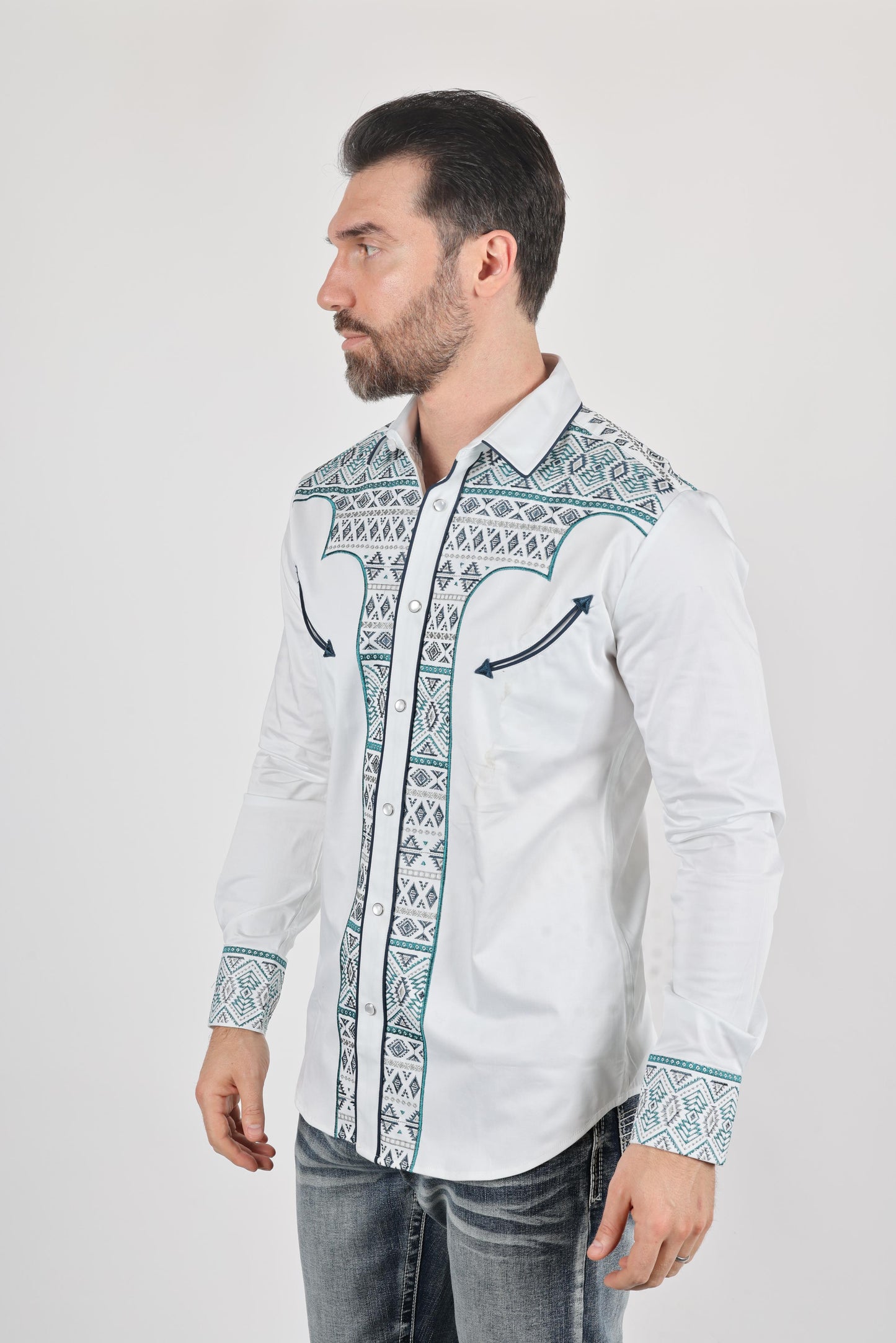 Mens Modern Fit Stretch Multi-Color Aztec Embroidery Shirt