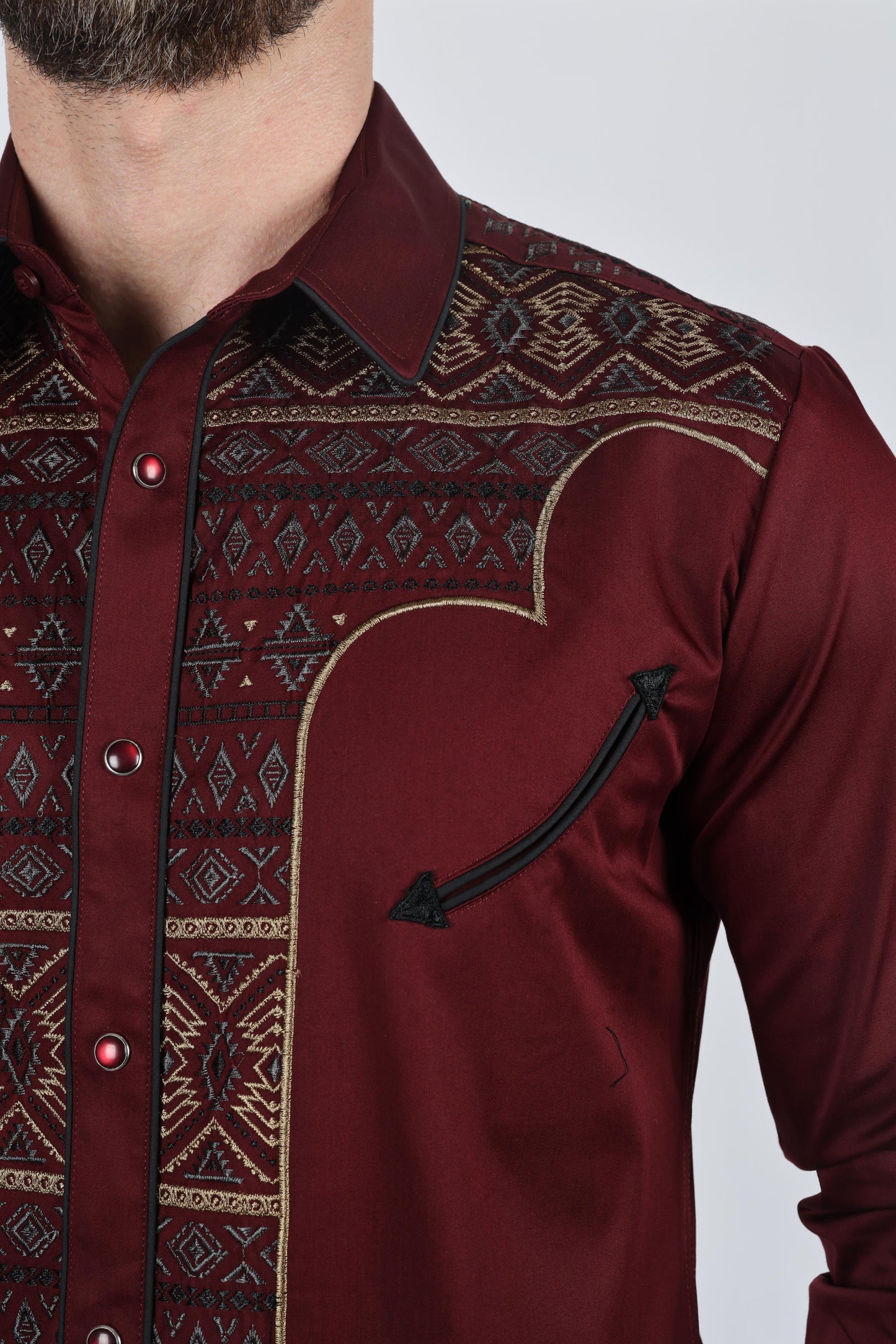 Mens Modern Fit Stretch Multi-Color Aztec Embroidery Shirt