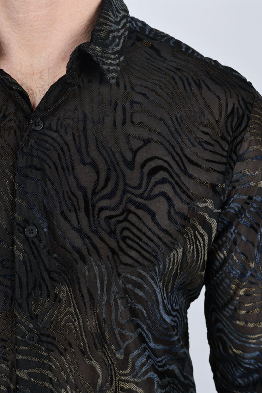 black modern fit stretch velvet shirt platini detail