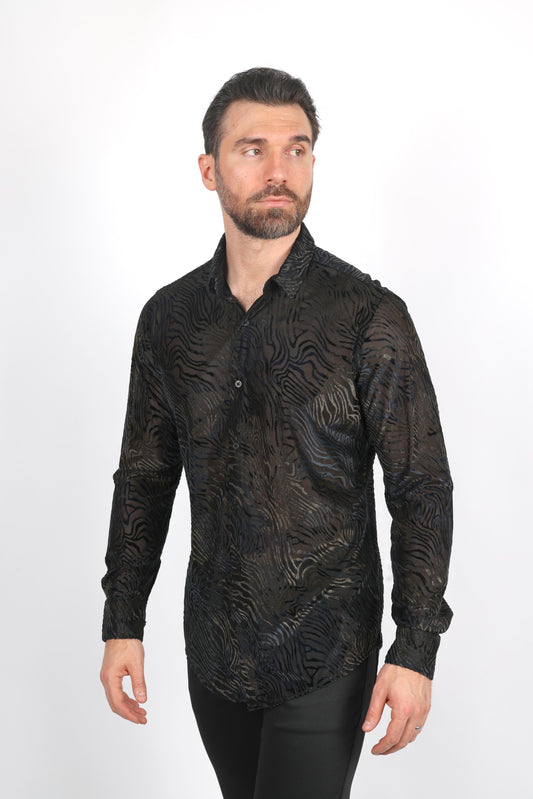 black modern fit stretch velvet shirt platini